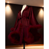 High-Grade Acetic Acid-Sinated Red Dress Woman With Short Broad-Sleeved Hairy Nightgown Wedding Morning Robe