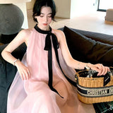New French Gentle Wind Ins Loose-Tape Dress Sleeveless Sweet Birthday Seaside Vacation Dress