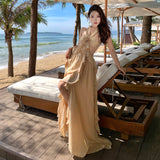 Mori's Traveller Art Vagrant Wind Tied With Lotus Leaf Side Dress Hanging Neck-Lup Dress