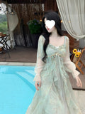French Tea Rest Pure Lusty Princess Dress Pure Fairy Gray Faint Lotus Leaves Side Hazy Beauty Dress Dress Woman