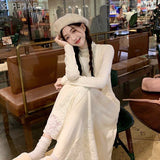 Small Knitted Dress Spring And Autumn Long-Sleeved Lace Spliced Fishtail Skirt Half-High Collar Inside The Sweater Skirt