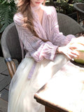 Long Thousands Of Gold Color Dyed Purple V Neck Scarf Wool Knitted Cardigan Coat