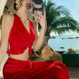 Sexy Babes Fashion Suit Woman Collar Hanging Neck Sling Vest High-Waisted Splicing Long Skirt Two Sets