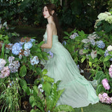 Design High-End Tea-Smelted French Chic Beauty Small Fragrant Seaside Holiday Mint Manbo Green Hanging Neck Dress