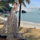 French Blue Broken Flower Hanging Neck Dress Women Summer Niche Design Small Man To Close The Waistless Sleeveless Skirt