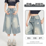 2025 Summer Denim Shorts Women New Retro Old Star Print Loose Seven-Point Pants