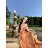 2026 Monet Garden Super Fairy Orange Flower Print Fairy Pure Desire Suspension Long Thin Dress Dress