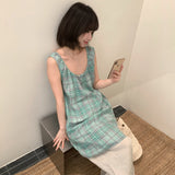 Korean Daily Relaxation Feeling With Sweet Lattice Folded V-Neck Vest Short Dress Thin Design Dress Woman