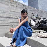 Blue Mist Love French Dress Women's Summer Niche Design Feel Waist Temperament Sling Dress Blue Dress