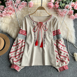 Small-Sized Retro National Wind Embroidery Round Tie With Lantern Sleeve Shirt Women Loose And Thin Top Tide